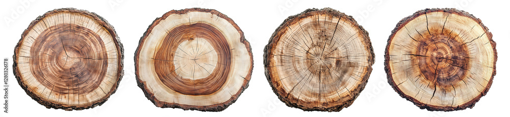 Fototapeta premium Set of cross sections of old tree stumps, isolated on transparent cutout background