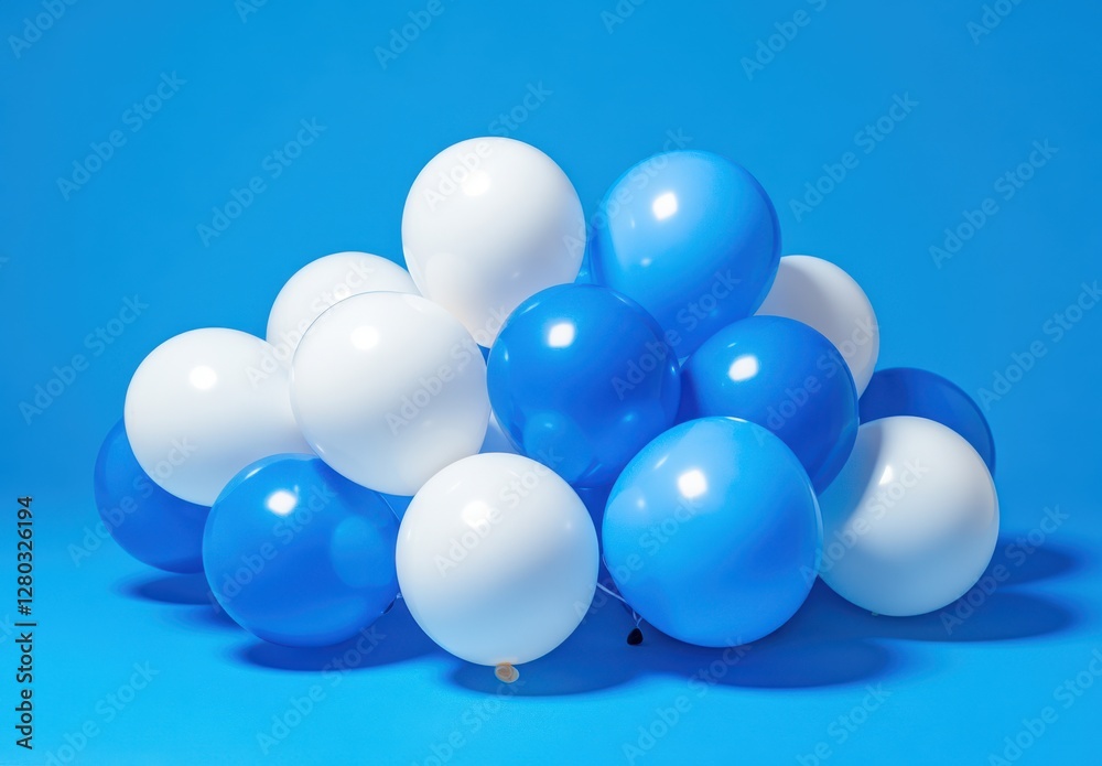 Colorful balloons in shades of blue and white arranged on a bright blue background creating a festive and cheerful atmosphere for celebrations