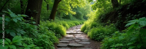 Stone pathway winding through a dense thicket of brambles, overgrown, stone, textures
