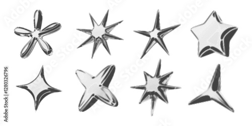 Y2k 3d chrome halftone stars shape retro abstract elements vector illustration set. Chrome silver 3d metallic halftone semitone retro effect collection. Y2k space various star retro futuristic shapes.