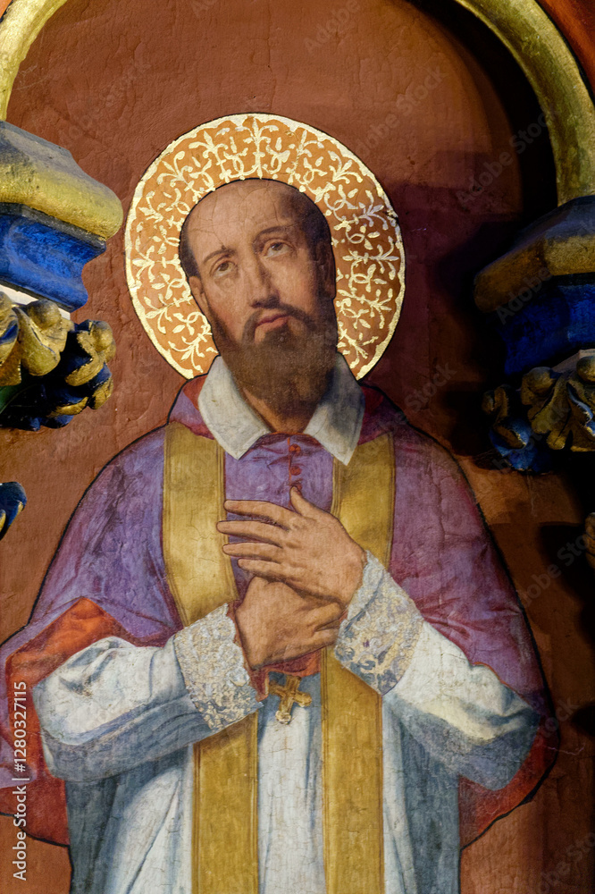 Naklejka premium Fresco (19th century) of St. Francis de Sales or Saint François de Sales. Saint and Doctor of the Catholic Church. Founder of the Order of the Visitation of Holy Mary (Visitandines). .