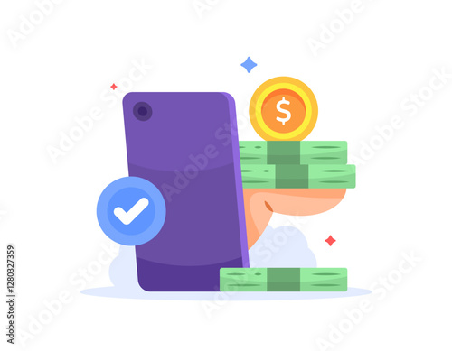 concept of safe and trusted online loans, gifts. giving loan money online. illustration of a hand emerging from a smartphone and giving money. technology and business. flat style design. elements