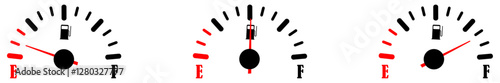 Fuel gauge meter icon isolated set on white background. Empty fuel meter needle illustration. Gas level indicator for car display. Automotive dashboard fuel meter icons. Vector illustration