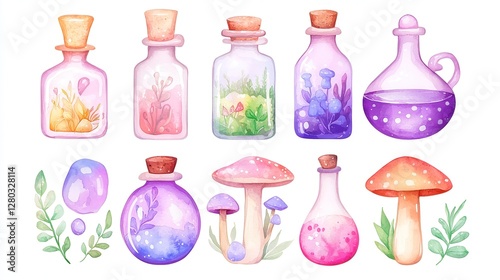 Forest Elixirs, Enchanting watercolor illustrations of woodland herbs, luminous potions, and whimsical healing, ideal for magical themes and herbal inspiration. photo