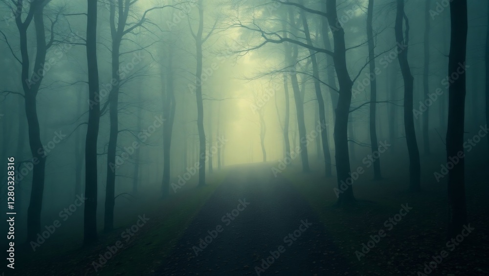 Fototapeta premium Cinematic Foggy Forest Path with Enchanted Atmosphere
