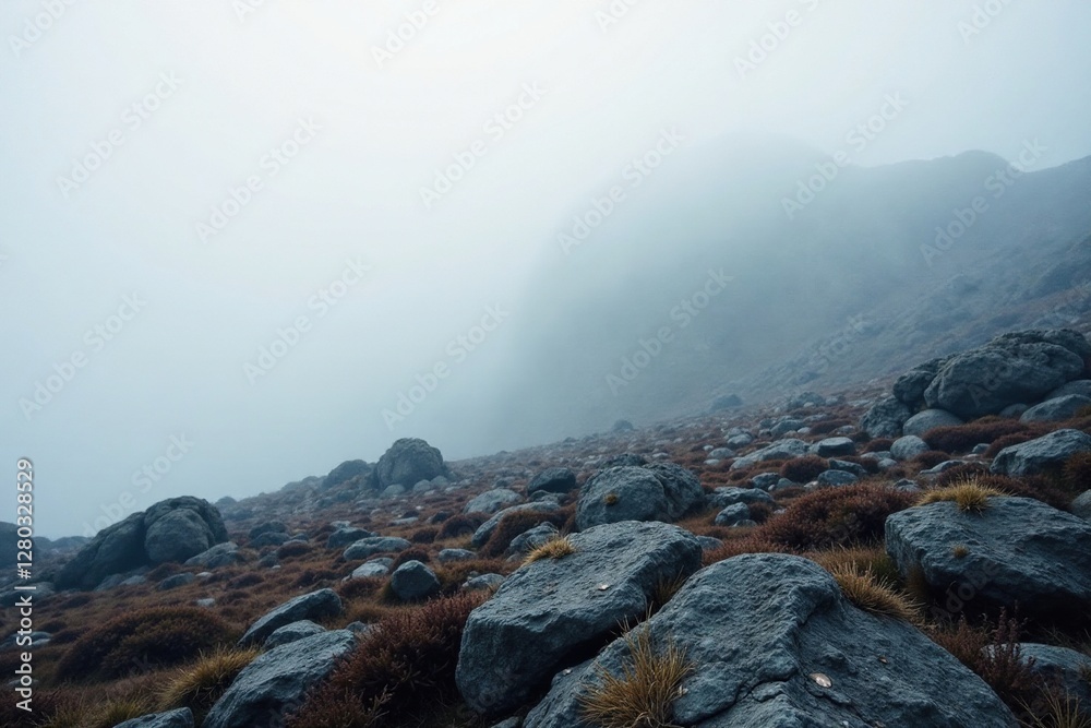 Softly falling fog on a textured rocky terrain, fog, cloud, terrain Softly falling fog on a textured rocky terrain, fog, cloud, terrain