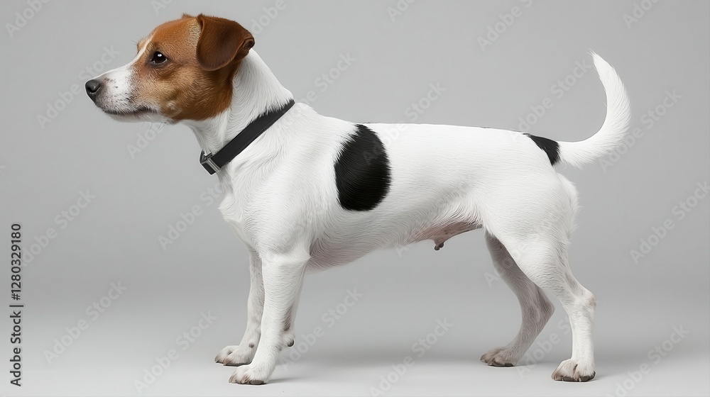 A playful, small dog with a predominantly white coat accented by black patches and a brown face, standing upright against a neutral background. A playful, small dog with a predominantly white coat accented by black patches and a brown face, standing upright against a neutral background.