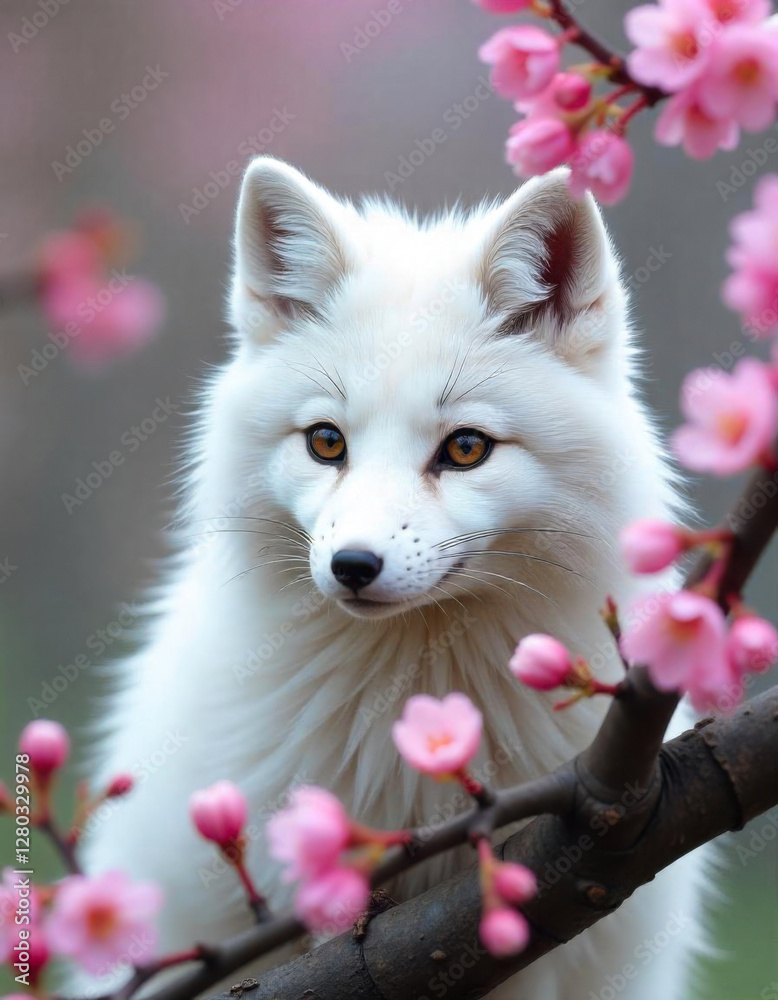 Obraz premium White arctic fox with pink cherry blossom flowers