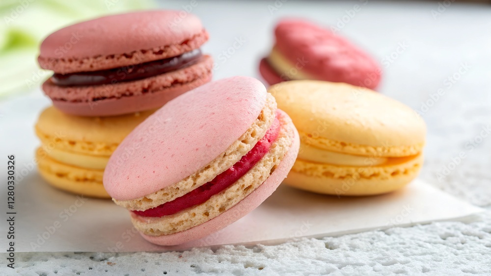 Exquisite Macarons: A close-up shot captures the delicate beauty of an assortment of colorful macarons. Their soft, pastel hues beckon, revealing a symphony of textures and tastes within. Exquisite Macarons: A close-up shot captures the delicate beauty of an assortment of colorful macarons. Their soft, pastel hues beckon, revealing a symphony of textures and tastes within.