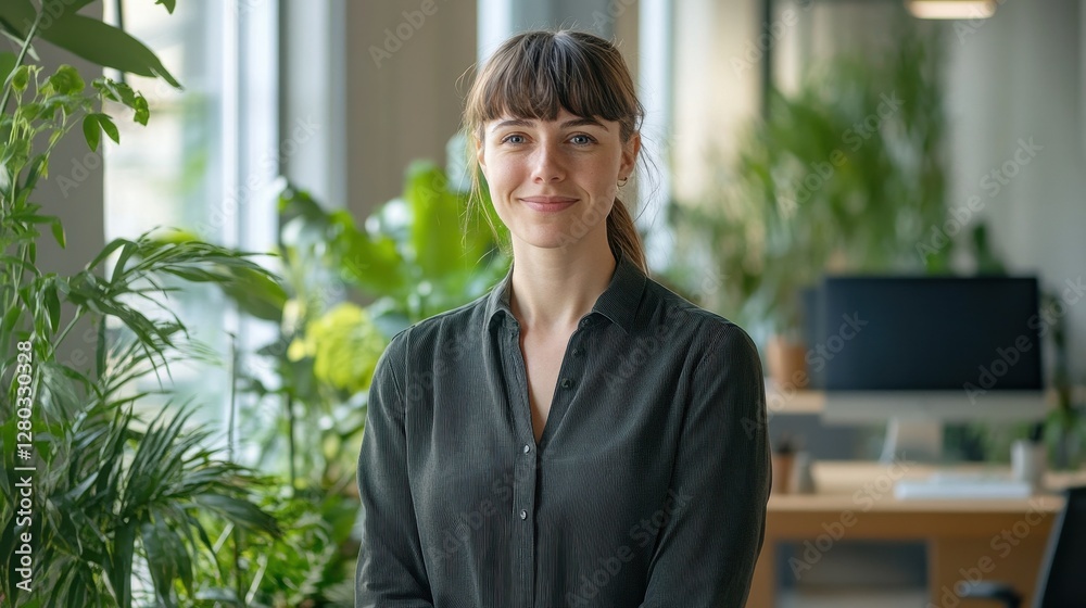 A confident European woman stands in a modern office surrounded by plants, showcasing a blend of professionalism and a serene atmosphere. A confident European woman stands in a modern office surrounded by plants, showcasing a blend of professionalism and a serene atmosphere.