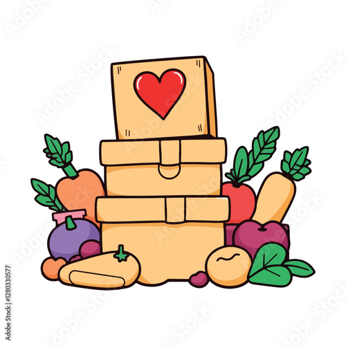 Stacked food boxes overflowing with fresh produce, representing community support and healthy living.