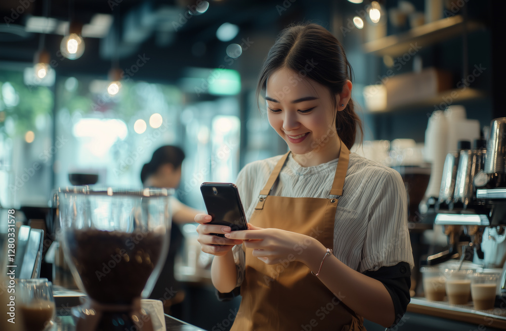 female barista in coffee shop smiles while using her smartphone female barista in coffee shop smiles while using her smartphone