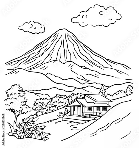 Simple line art of an Indonesian mountain with clouds and a house in the foreground, vector illustration for a kids' coloring book. 