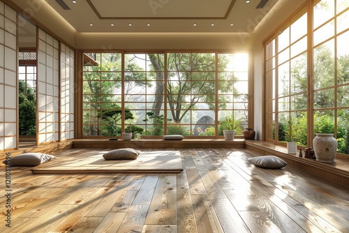 Habitación grande y luminosa con las ventanas estilo japonés por donde entra mucha luz. Zona de la casa ideal para meditar, hacer ejercicio o yoga con suelo de parquet. Diseño oriental.