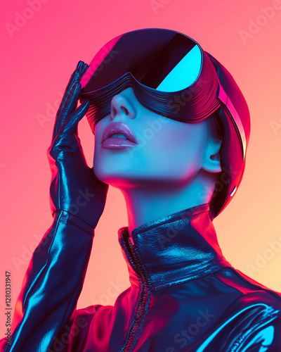 futuristic woman in avant garde sci fi fashion with duotone lighting