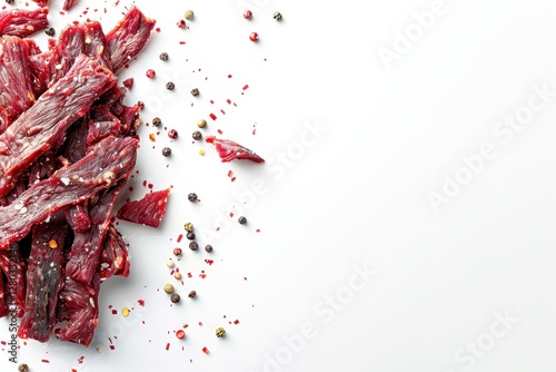 A close-up of savory beef jerky pieces scattered with colorful peppercorns and red flakes on a white background, Ideal for food blogs, advertisements