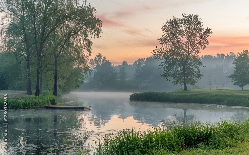 Fototapeta premium Peaceful Morning Haze over a Serene Lake