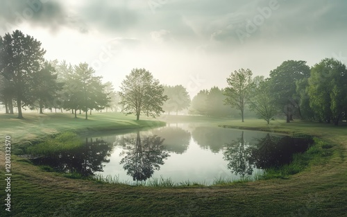 Peaceful Scene of a Misty Morning by a Lake