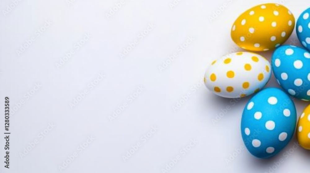 Dotted Easter Eggs in Yellow and Blue on a White Background with Copy Space Dotted Easter Eggs in Yellow and Blue on a White Background with Copy Space
