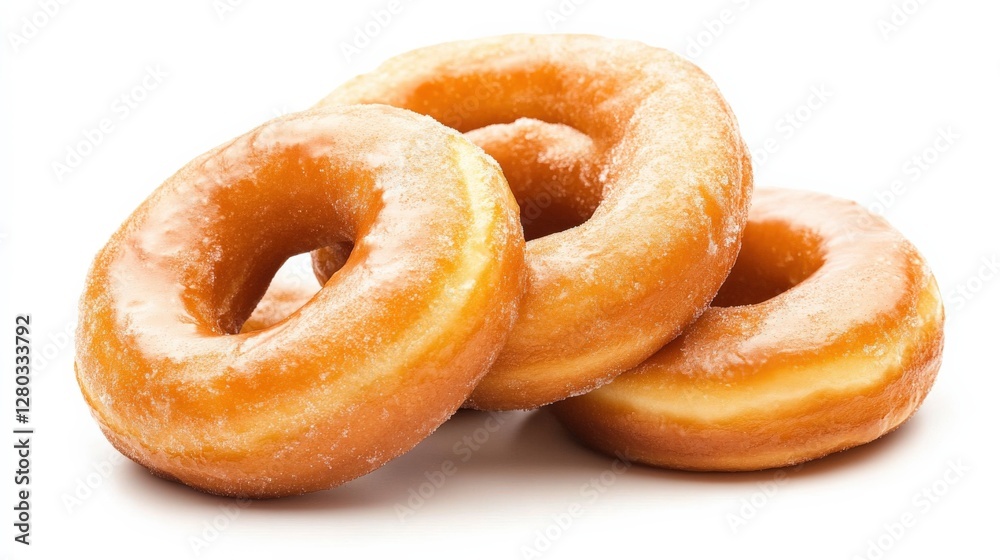 Three freshly glazed donuts stacked on a white background, showcasing their golden-brown color and texture Three freshly glazed donuts stacked on a white background, showcasing their golden-brown color and texture