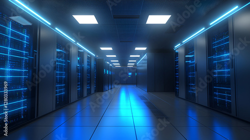 High-tech server room infrastructure data center digital environment futuristic architecture wide-angle view technological innovation