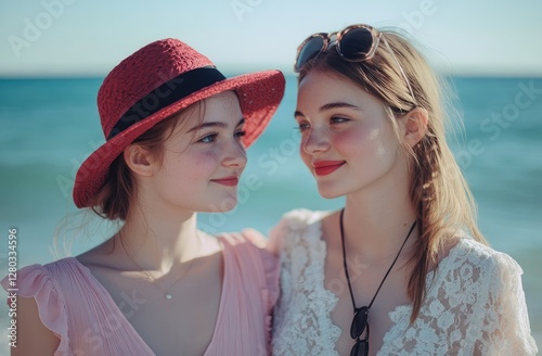 Two women posing for the camera on vacation, one in a pink dress and white lace blouse with a black stripe, the second woman is wearing a red hat and sunglasses photo