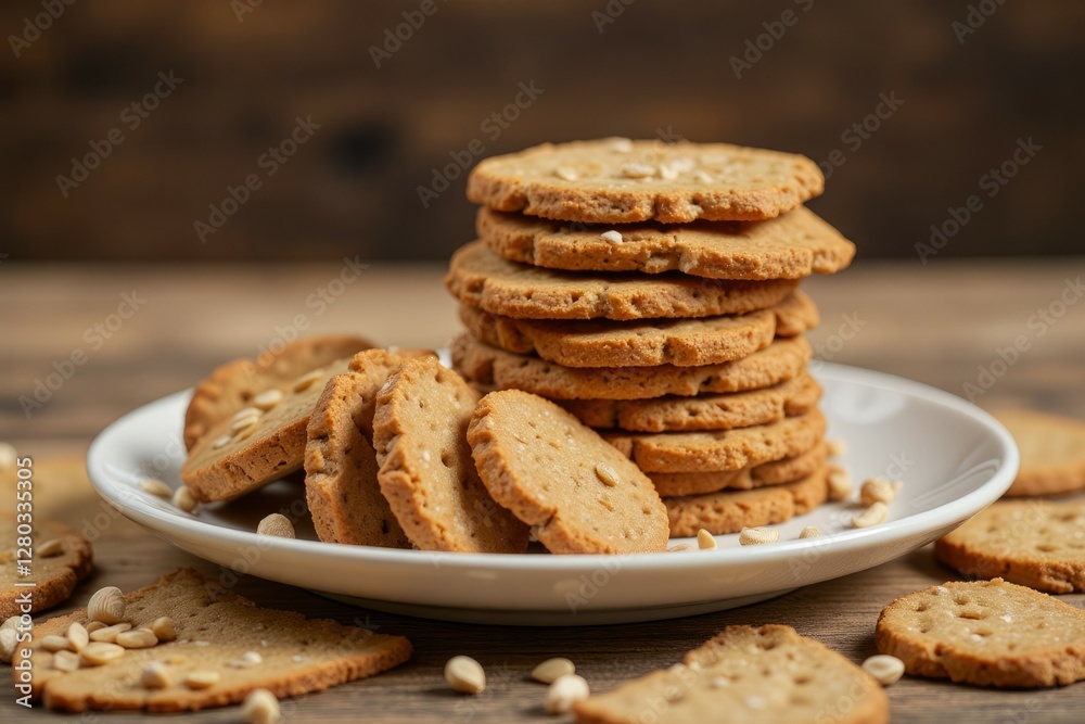 Several round cookies are stacked on a white plate in detail