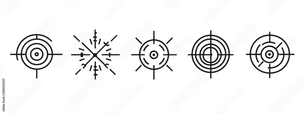 Set of rifle crosshairs, simple vector icons isolated on a white background. Flying symbols with a center point for focus and aiming in a game or shooting video games Set of rifle crosshairs, simple vector icons isolated on a white background. Flying symbols with a center point for focus and aiming in a game or shooting video games