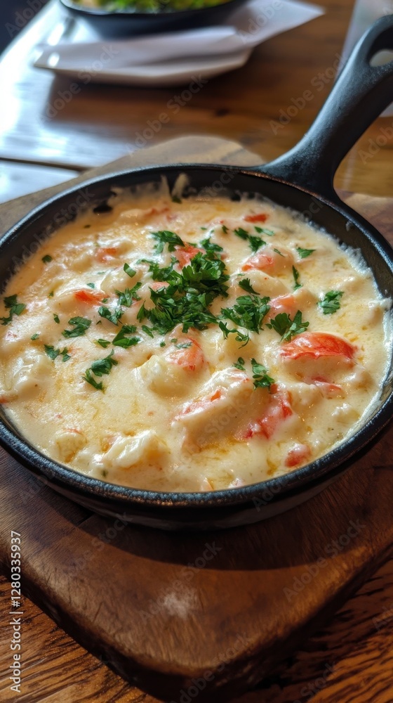 Creamy lobster dish garnished with fresh parsley in a sizzling skillet