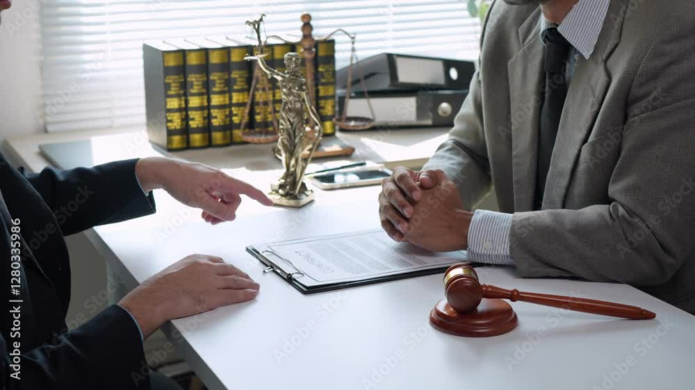 Experienced legal professionals sitting at conference table, carefully reviewing contract details, analyzing clauses, and negotiating complex legal agreement terms with professional focus