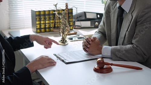 Experienced legal professionals sitting at conference table, carefully reviewing contract details, analyzing clauses, and negotiating complex legal agreement terms with professional focus