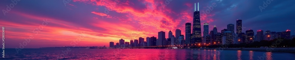 Dramatic Chicago cityscape at dusk, vibrant colors paint the sky, glass, vibrant, golden hour Dramatic Chicago cityscape at dusk, vibrant colors paint the sky, glass, vibrant, golden hour
