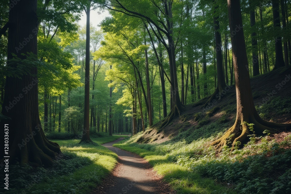 Fototapeta premium A sunlit path leads through a dense green forest landscape