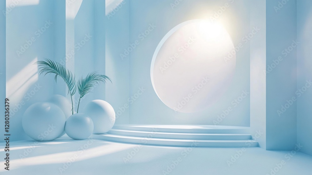 Abstract Minimalist Blue and White Room Interior with Circular Opening and Spheres