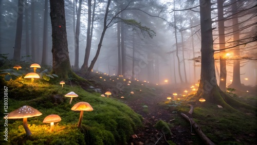 Enchanted Forest Path with Glowing Mushrooms and Mystical Misty Ambience