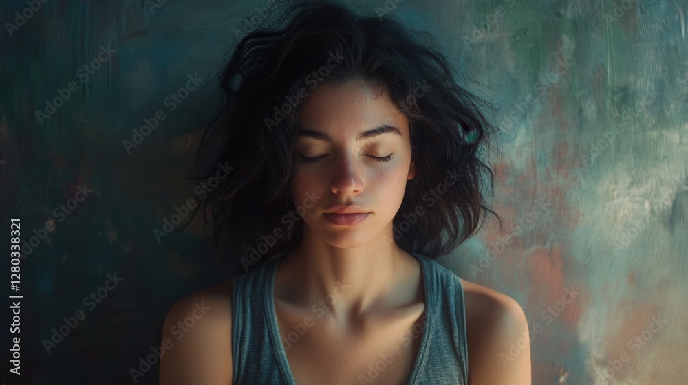 Serene Woman with Relaxed Expression Against Colorful Background in Natural Light Serene Woman with Relaxed Expression Against Colorful Background in Natural Light