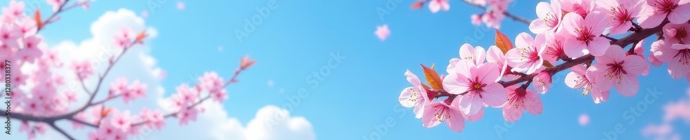 Delicate pink cherry blossoms scattered against a vibrant blue sky , botanical, clouds, pastel Delicate pink cherry blossoms scattered against a vibrant blue sky , botanical, clouds, pastel