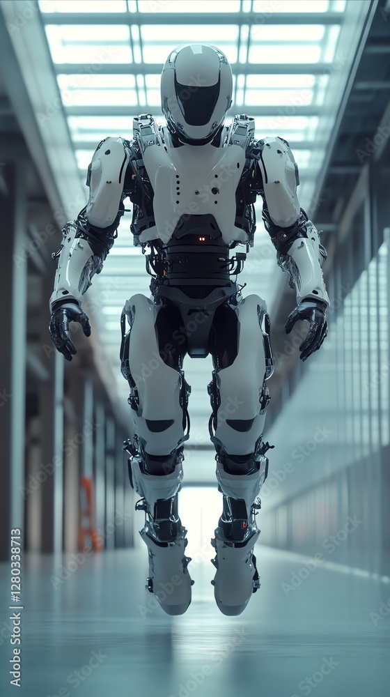 Futuristic Robot Hovering in Modern Corridor Futuristic Robot Hovering in Modern Corridor