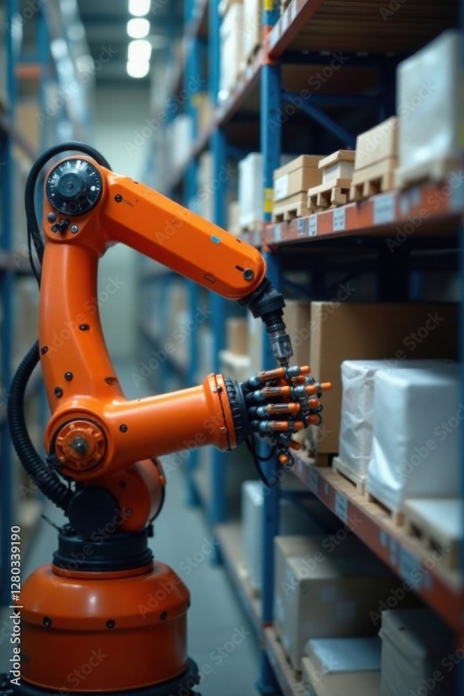 Robot arm placing item on warehouse shelf, inventory management system , warehouse, automated storage and retrieval system, tracking Robot arm placing item on warehouse shelf, inventory management system , warehouse, automated storage and retrieval system, tracking