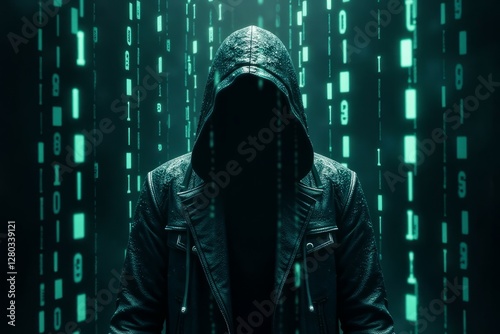 A hooded figure stands before a matrix of cascading digital code photo