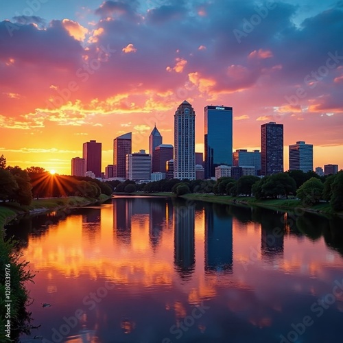 Oklahoma City skyline sunset, river reflection, stock, cityscape