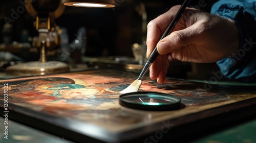 A conservator carefully restores an old painting using a fine brush under focused lighting. The detailed restoration process highlights craftsmanship and historical preservation