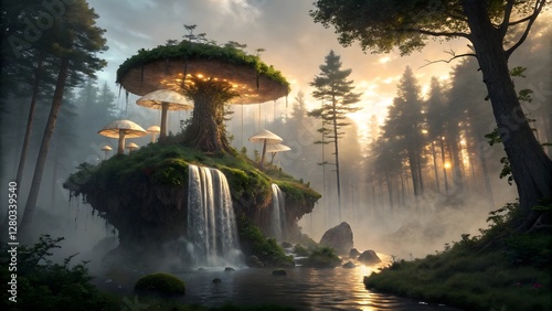 Magical Floating Island with Waterfalls and Giant Mushrooms in a Misty Enchanted Forest
