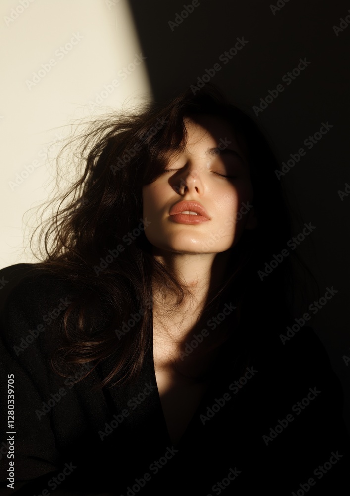 Portrait of a young woman with long, wavy hair. she is lying on her back with her eyes closed and her head tilted back, as if she is sleeping. Portrait of a young woman with long, wavy hair. she is lying on her back with her eyes closed and her head tilted back, as if she is sleeping.
