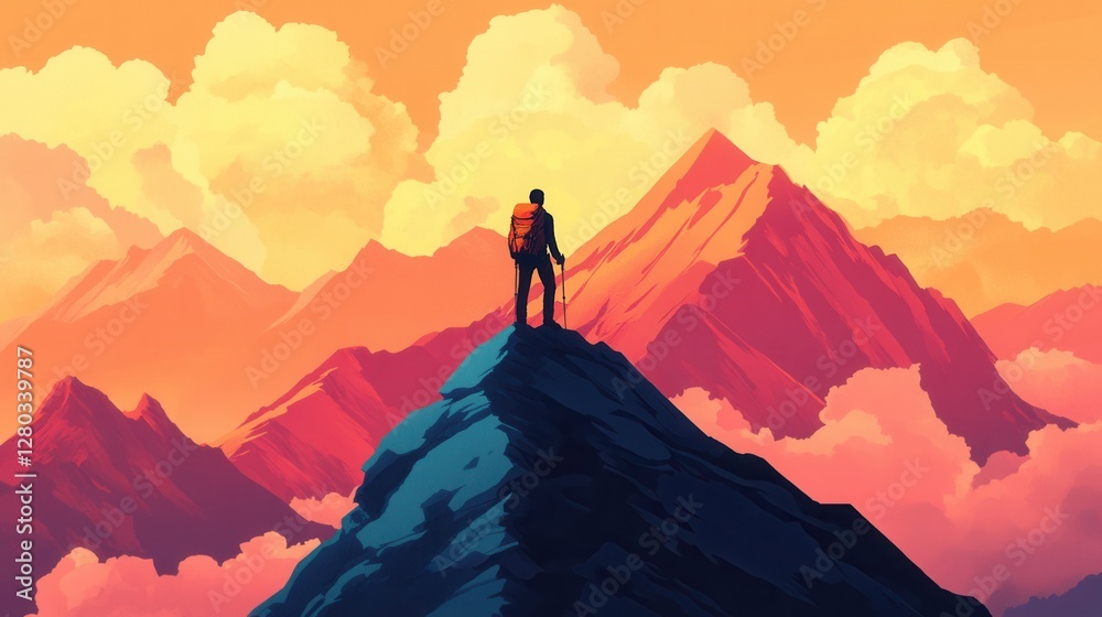 Adventurous Hiker Standing on Mountain Peak During Vibrant Sunset Overlooking Majestic Landscape Adventurous Hiker Standing on Mountain Peak During Vibrant Sunset Overlooking Majestic Landscape