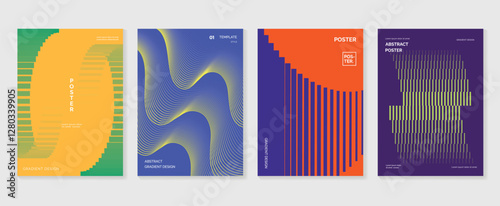 Abstract line wave poster background vector set. Minimalist cover template with vibrant perspective line wave in motion. Ideal design for social media, cover, banner, flyer, music, ads.