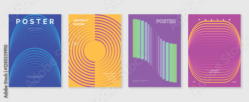 Abstract line wave poster background vector set. Minimalist cover template with vibrant perspective line wave in motion. Ideal design for social media, cover, banner, flyer, music, ads.