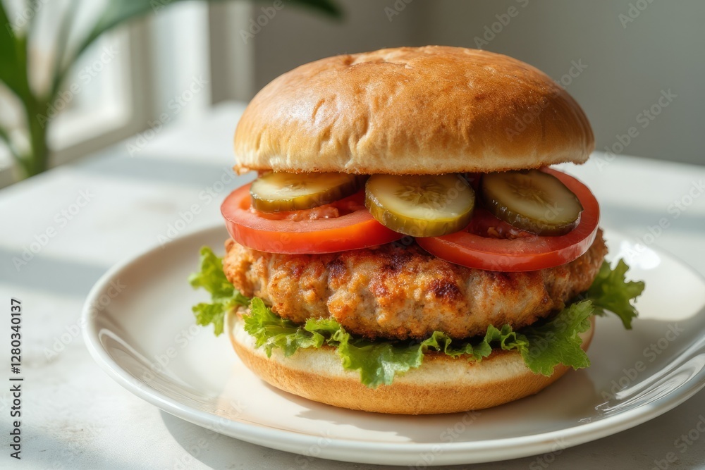 A Delicious Looking Hamburger With Fresh Ingredients On White Plate A Delicious Looking Hamburger With Fresh Ingredients On White Plate