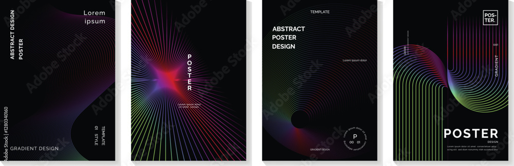 Abstract line wave poster background vector set. Minimalist cover template with vibrant perspective line wave in motion. Ideal design for social media, cover, banner, flyer, music, ads.