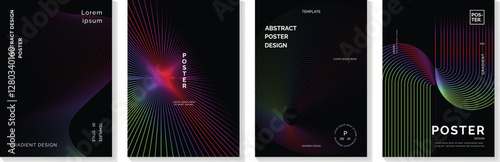 Abstract line wave poster background vector set. Minimalist cover template with vibrant perspective line wave in motion. Ideal design for social media, cover, banner, flyer, music, ads.